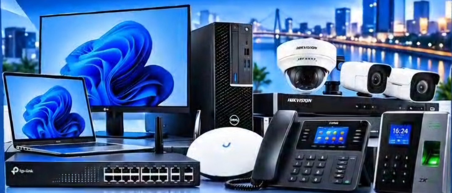 Ordinateurs, switch réseau, point d'accès Wi-Fi, caméras de vidéosurveillance, téléphone IP et pointeuse biométrique