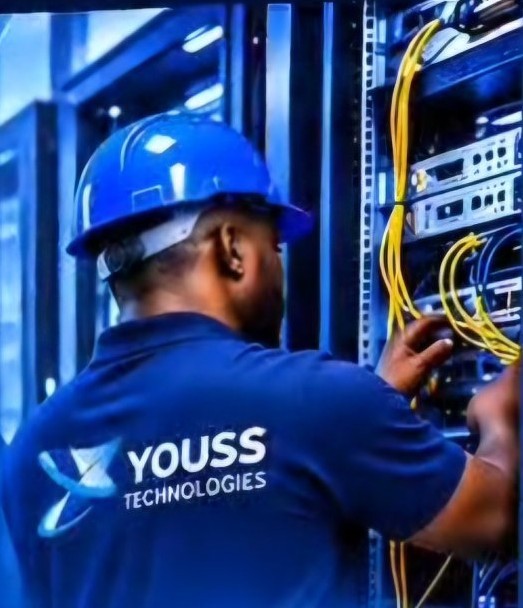 Technicien YOUSS TECHNOLOGIES câblant une baie réseau